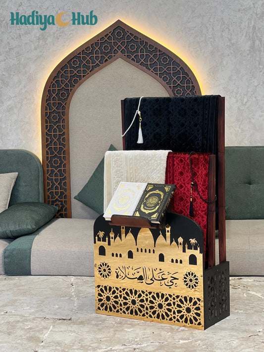 Wooden Double Storage Stand for Prayer Mat and Quran Rack – Black and Gold Organiser